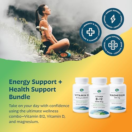 Earth's Splendor Energy & Health: Vitamin B12 (200 Tablets), Magnesium for Bone & Muscle Support (100 Caplets), Vitamin D3 2,000 IU (75 Capsules) – No Artificial Additives, Gluten & Wheat Free
