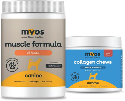 MYOS Canine Muscle & Joint Health Bundle – Fortetropin® Powder (396g) + Bacon-Flavored Mobility Chews with Collagen & Glucosamine (60 Count)