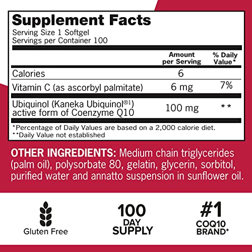 Qunol Mega Ubiquinol 100mg CoQ10, Superior Absorption, Patented Water and Fat Soluble