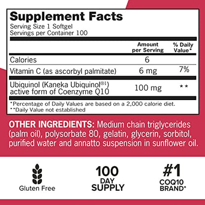 Qunol Mega Ubiquinol 100mg CoQ10, Superior Absorption, Patented Water and Fat Soluble