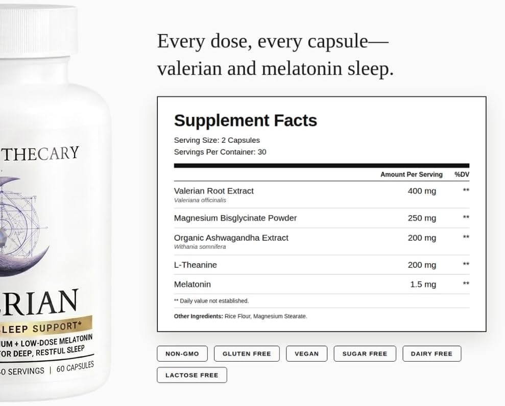 Valerian Sleep Aid for Adults - Valerian Root 400mg, Magnesium 250mg, Ashwagandha, L-Theanine, Melatonin 1.5mg - Deep Sleep & Relaxation - Vegan, Non-GMO - 60 Count