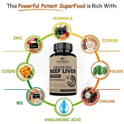 Grass Fed Desiccated Beef Liver Capsules (180 Pills, 750mg Each) - Natural Iron, Vitamin A