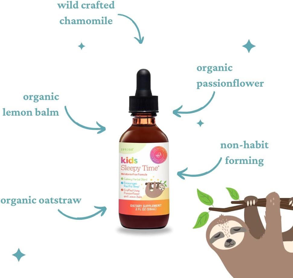 SPRIGS Kids Sleep Support Liquid, Melatonin Free Bedtime Drops for Children | Calming Herbal Blend with Passionflower, Lemon Balm & Chamomile | Natural Nighttime Relaxation Formula