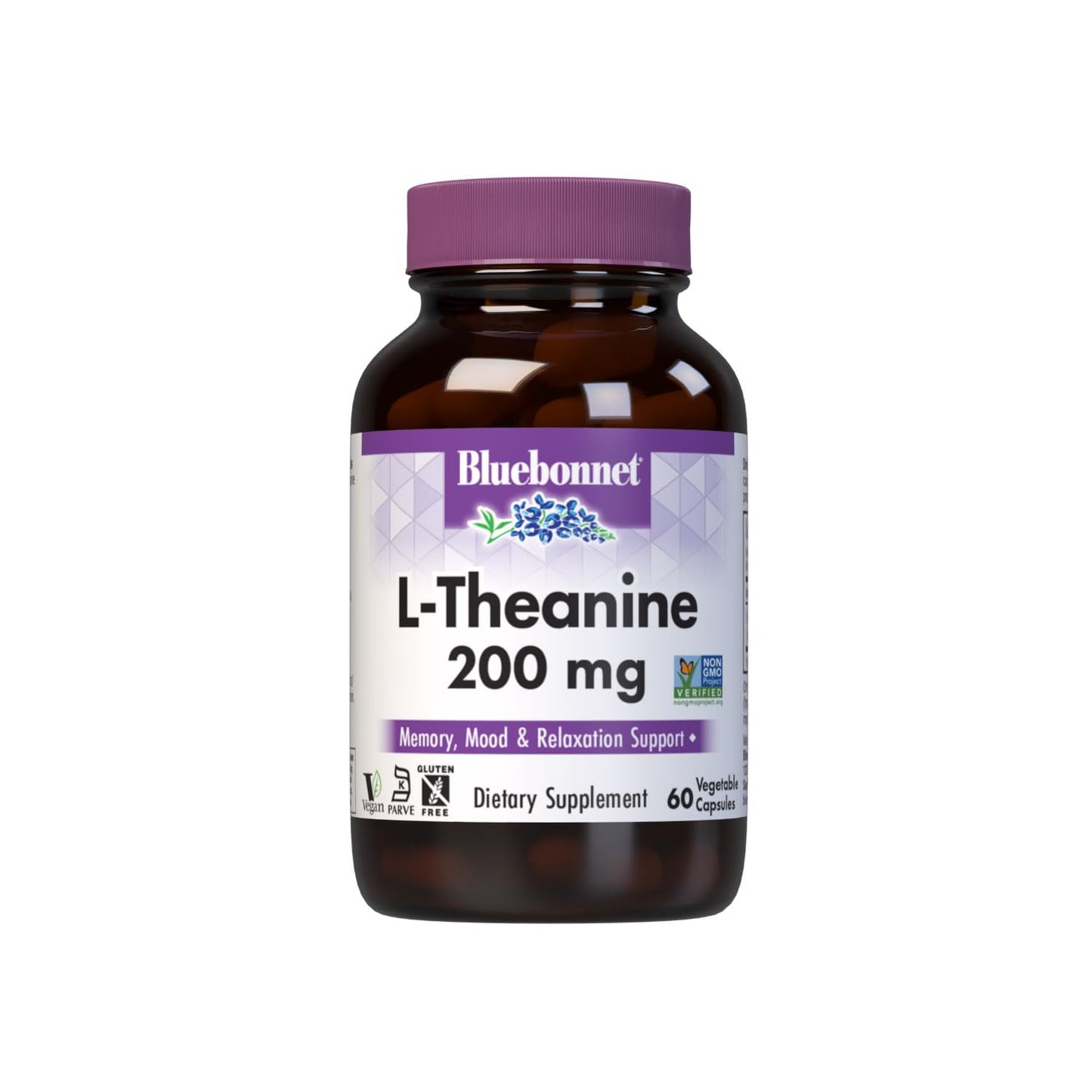 Bluebonnet Nutrition L-Theanine 200mg, Free-Form Amino Acid, Promotes Relaxation*, Soy-Free, Gluten-Free, Non-GMO, Kosher Certified, Vegan, 60 Vegetable Capsules, 60 Servings