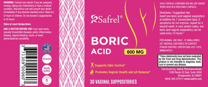 Safrel Boric Acid Vaginal Suppositories - 100% Pure Made in USA - Intimate Health Support