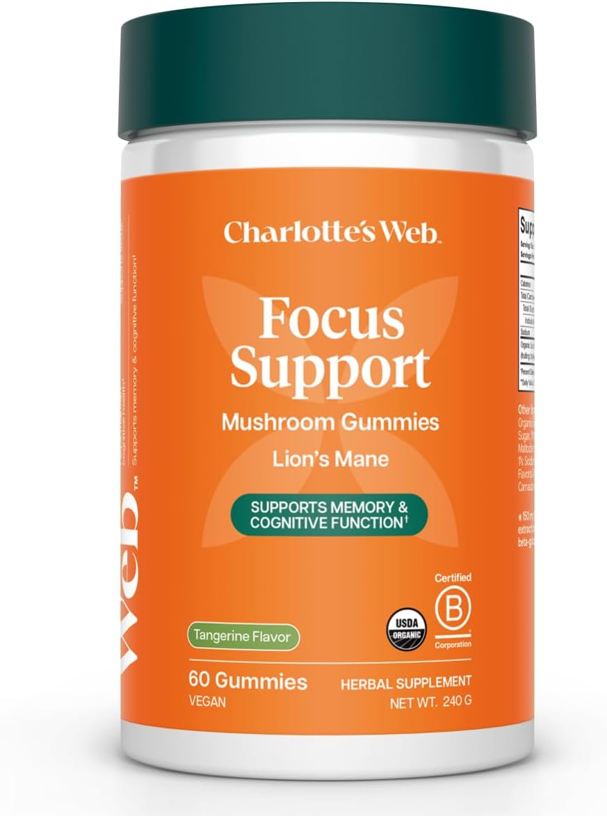 Charlotte's Web Focus Support Mushroom Gummies for Focus and Energy w/Lion’s Mane, Natural Cognitive Support Lions Mane Gummies for Adults — Tangerine Flavor (30 Servings)
