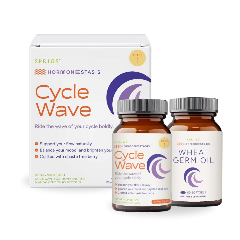 SPRIGS Cycle Wave Phase 1 Hormonal Support Kit for Tween Girls | Supplements to Promote a Healthy Menstrual Cycle & Balance Mood | 120 Herbal Capsules & 60 Wheat Germ Oil Softgels for a 30 Day Supply