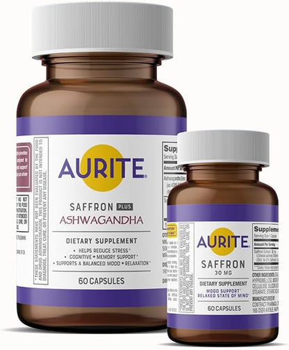 Saffron Ashwagandha & Saffron Supplement Bundle. Stress Management, Mood Support, Long-Term Memory, Vegetarian Friendly, Non-GMO, Gluten-Free, Soy-Free