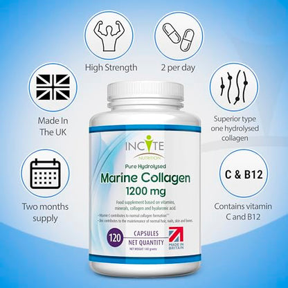Marine Collagen 1200mg | 120 High Strength Collagen Capsules Hyaluronic Acid Supplements for Women & Men