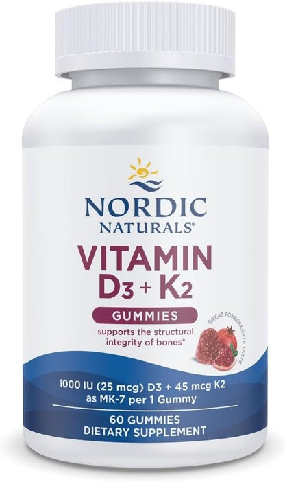 Nordic Naturals Vitamin D3+K2 Gummies, Pomegranate - 60 Count | 1000 IU Vitamin D3 + 45 mcg K2 per gummy supports bone health and muscle function. Non-GMO. Pomegranate flavor. 60 servings