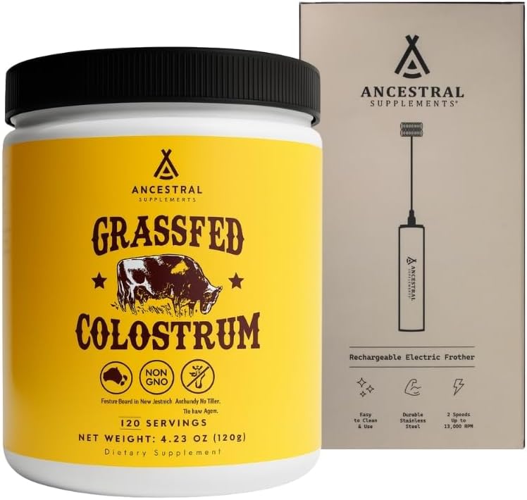 Ancestral Supplements Colostrum Bundle & Frother Wand – Grass Fed, Pasture Raised Organ Blend with Bioactive Colostrum, Rechargeable Electric Frother Wand (Double Whisk, Stainless Steel)
