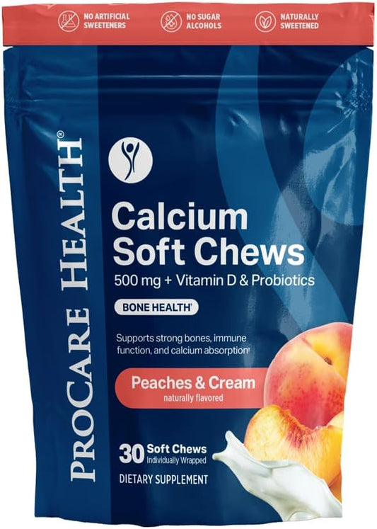 ProCare Health TruCal Calcium Soft Chews – Peaches & Cream Flavor | 500mg Calcium, 500 IU Vitamin D3, 500 Million CFU Probiotics | Bone & Digestive Support | 30 Count