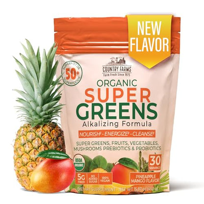 COUNTRY FARMS Super Greens Pineapple-Mango Flavor, 50 Organic Super Foods, USDA 