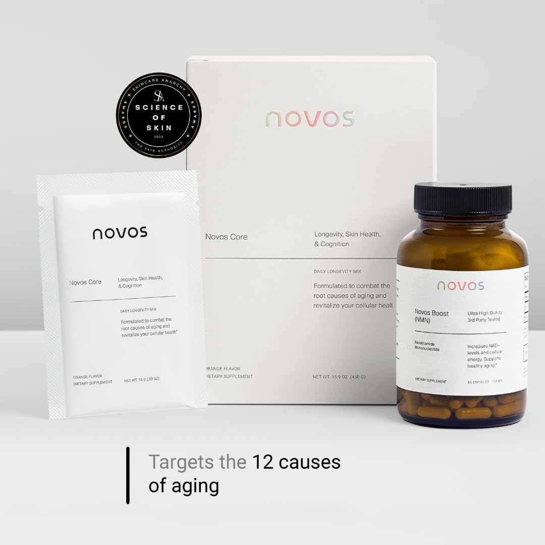 Novos Core Unflavored + Boost NMN – Pure Longevity Stack | NMN Capsules & Unflavored Drink Mix for Cellular Repair, Energy & DNA Support