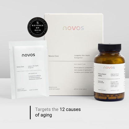 Novos Core Unflavored + Boost NMN – Pure Longevity Stack | NMN Capsules & Unflavored Drink Mix for Cellular Repair, Energy & DNA Support