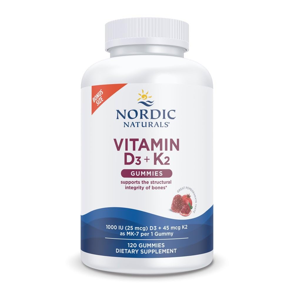 Nordic Naturals Vitamin D3+K2 Gummies, Pomegranate - 60 Count | 1000 IU Vitamin D3 + 45 mcg K2 per gummy supports bone health and muscle function. Non-GMO. Pomegranate flavor. 60 servings