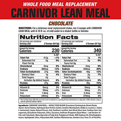 MuscleMeds CARNIVOR LEAN MEAL whole food meal replacement shake, MRE, beef protein isolate, white potato, sweet potato, 40g protein, 40 g carbs, lactose free, sugar free, Chocolate Fudge 20 servings