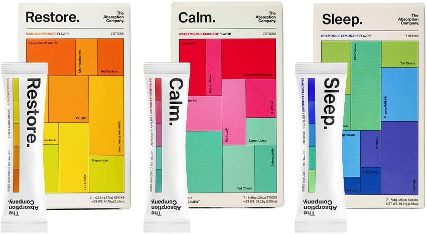 The Absorption Company Powder Bundle - Calm, Restore & Sleep Packets (21) | Magnesium, Electrolyte & L-Theanine Packets, High-Absorption Supplement Stack Kit, Vitamin C & D Support, Third-Party Tested