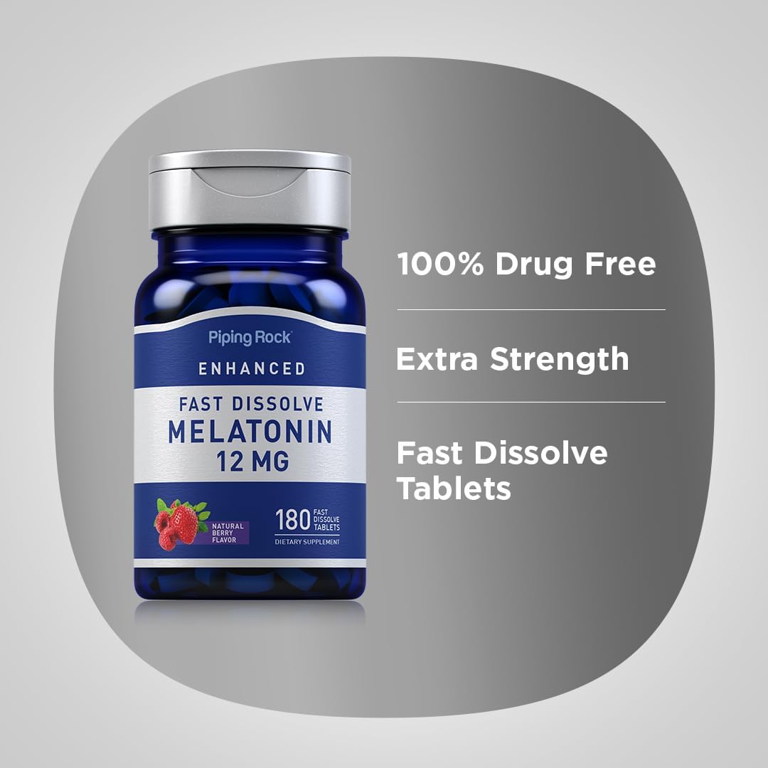 Piping Rock Melatonin 12 mg | 180 Fast Dissolve Tablets | Berry Flavor | Non-GMO, Gluten Free Supplement