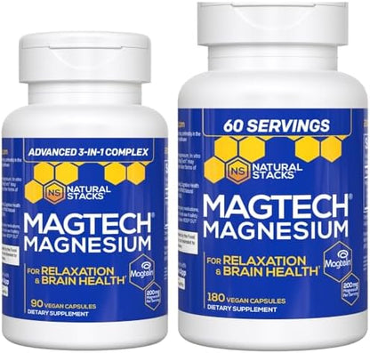 Natural Stacks Magtech Magnesium Value Bundle - 3 Forms of Magnesium - Featuring Magtein L-Threonate - Supports Relaxation and Brain Health* - 270 Total Capsules