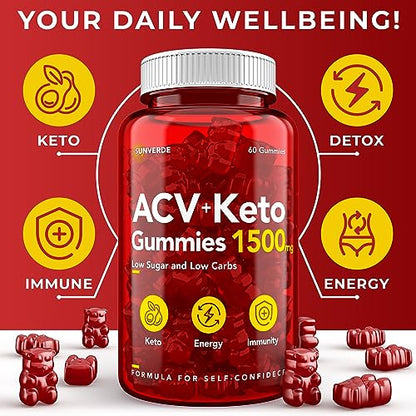 Keto ACV Gummies 1500 mg - Low Sugar Green Apple Flavor - Vegan ACV Keto Gummies