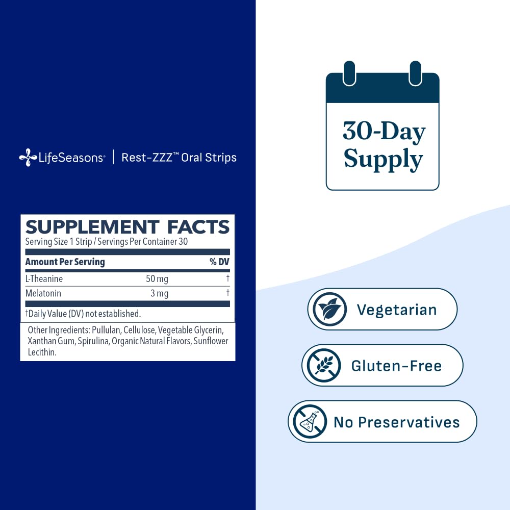 LifeSeasons Rest-ZZZ - Natural Sleep Support Supplement - Fall Asleep & Stay Asleep - Calms Nervous System - Ease Muscle Tension & Restlessness - Low Dose Melatonin GABA & Chamomile - 60 Capsules