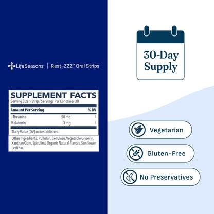 LifeSeasons Rest-ZZZ - Natural Sleep Support Supplement - Fall Asleep & Stay Asleep - Calms Nervous System - Ease Muscle Tension & Restlessness - Low Dose Melatonin GABA & Chamomile - 60 Capsules