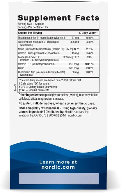 Nordic Naturals Vitamin B Complex, Energy Metabolism - 45 Capsules | 8 essential B vitamins: B1 Thiamine, B2 Riboflavin, B3 Niacin, B6, B12, B9 Folate, B7 Biotin, B5 Pantothenic Acid. Non-GMO