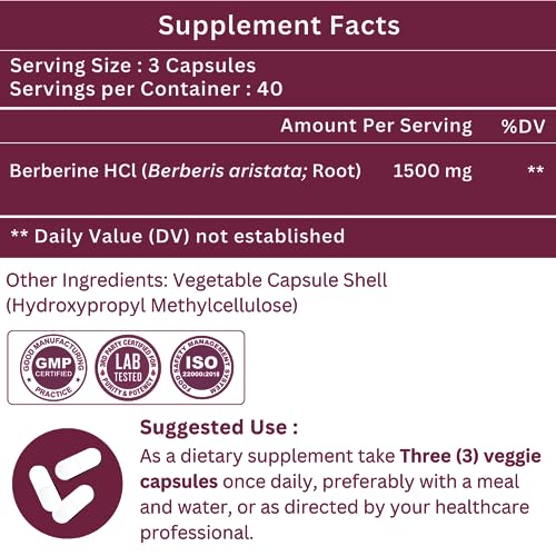 SHRISHA HERBAL Indian Berberine 1500mg - Berberine HCl 500mg Per Capsule - Support