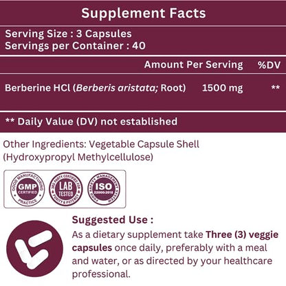 SHRISHA HERBAL Indian Berberine 1500mg - Berberine HCl 500mg Per Capsule - Support
