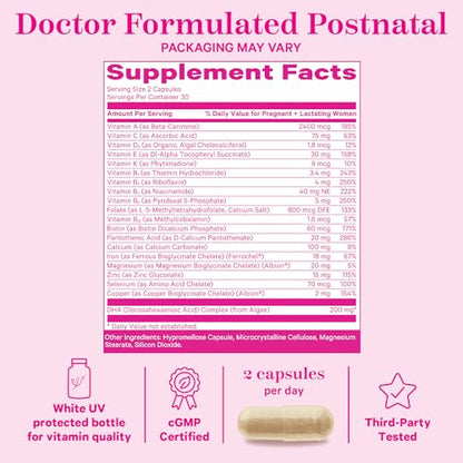 Pink Stork Total Postnatal Vitamins for Women with Vegan DHA, Iron, Folate, and Vitamin B12