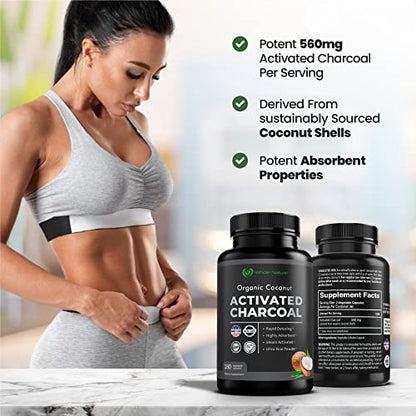 Coconut Activated Charcoal Capsules, 180 Charcoal Pills, Detox, Teeth Whitening, Reduce