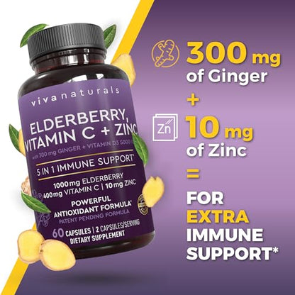 Viva Naturals Sambucus Elderberry with Zinc and Vitamin C for Adults, Vitamin D 5000