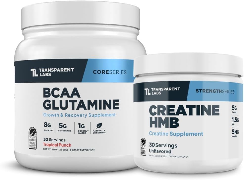 Transparent Labs BCAA Glutamine Powder (30 Servings, Tropical Punch) & Creatine HMB (30 Servings, Unflavored)