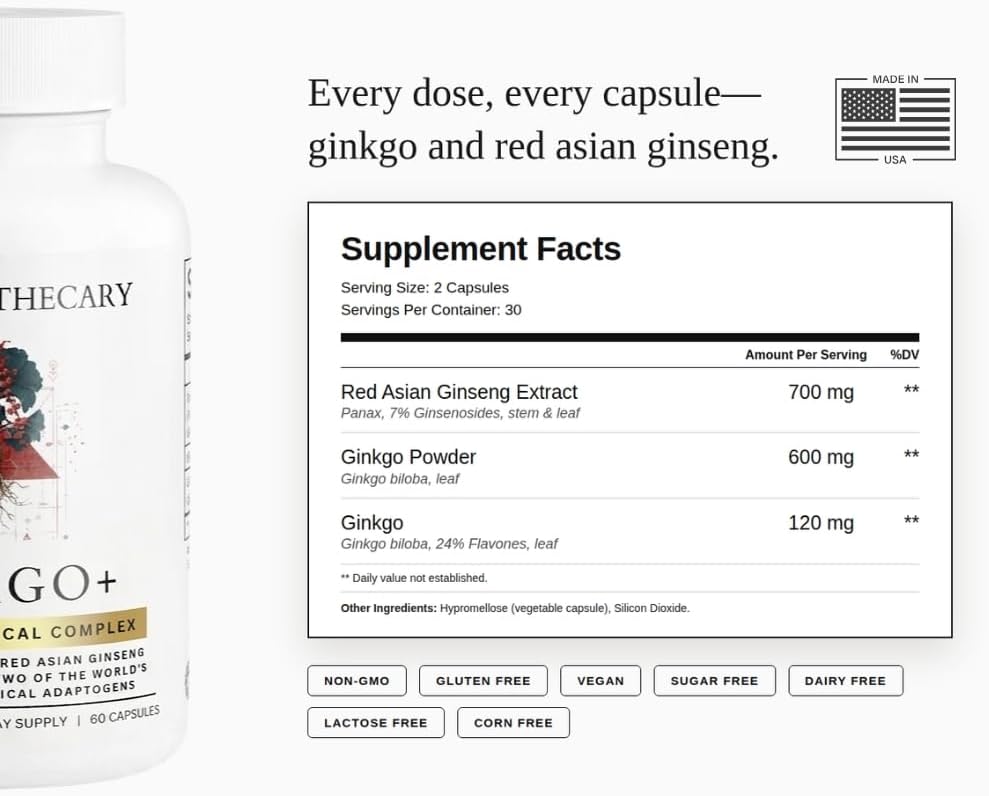 Ginkgo Biloba 720mg with Red Asian Ginseng 700mg - Memory, Focus & Brain Support - Standardized Extract, Vegan, Non-GMO, Gluten Free - 60 Capsules