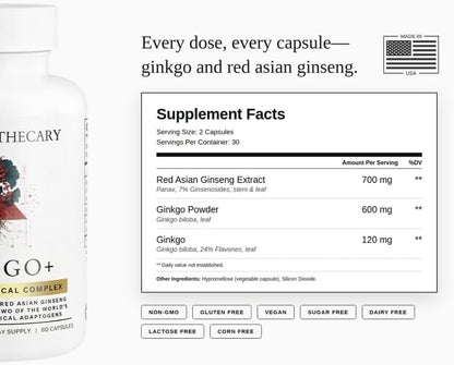 Ginkgo Biloba 720mg with Red Asian Ginseng 700mg - Memory, Focus & Brain Support - Standardized Extract, Vegan, Non-GMO, Gluten Free - 60 Capsules
