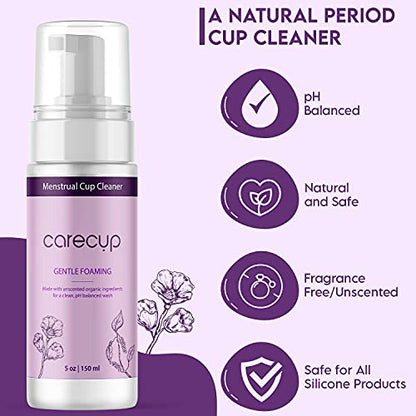 CareCup Menstrual Cup Cleaner - Unscented Foaming Sterilizer Wash for Silicone Period discs - Wipes Clean