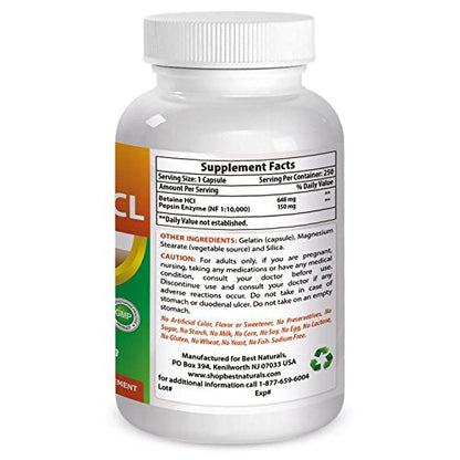 Best Naturals Betaine HCL 648 mg 250 Capsules