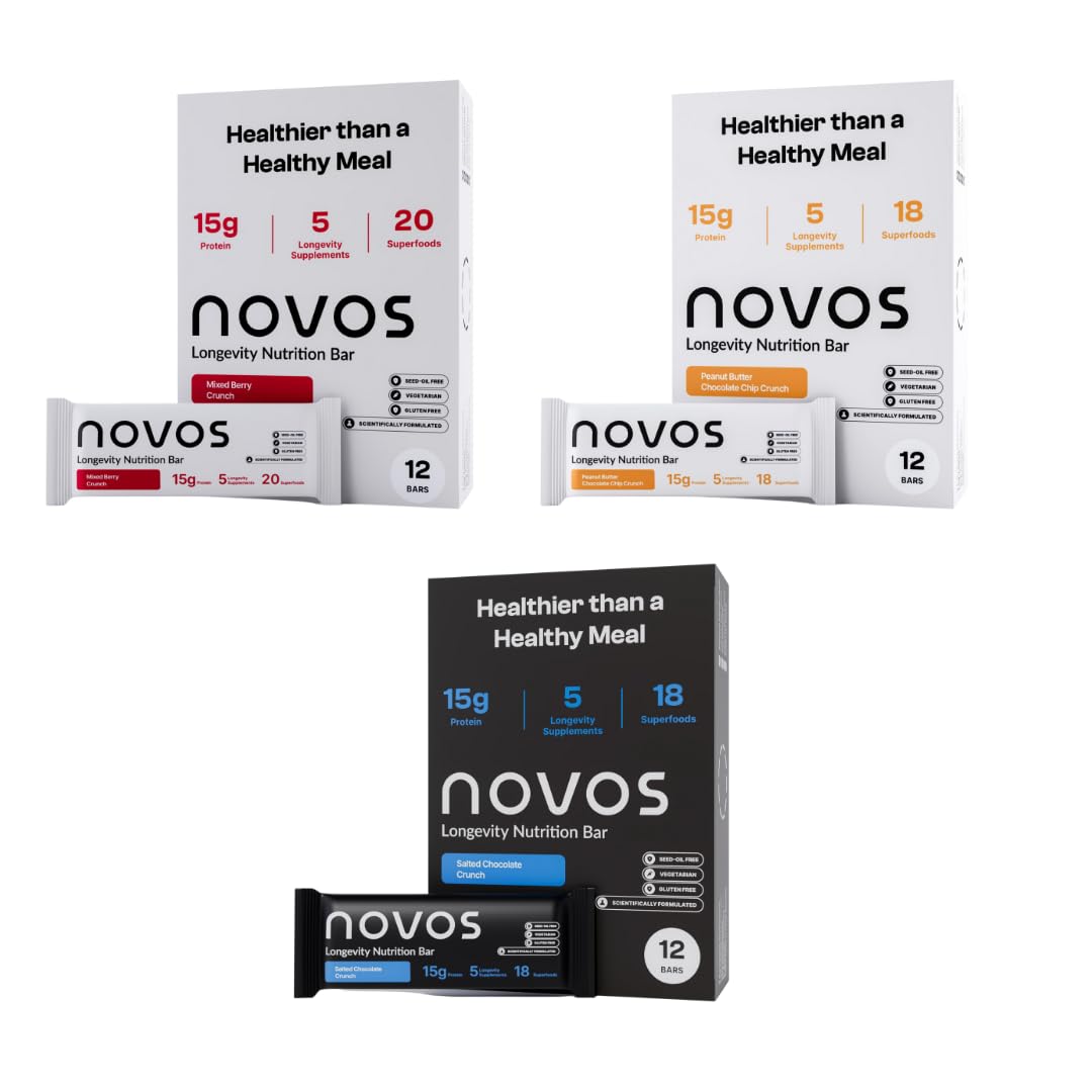 NOVOS Longevity Protein Bar Variety Pack (3 Flavors) – Peanut Butter, Mixed Berry Crunch & Salted Chocolate Crunch | 15g Protein, 20 Superfoods & Longevity Nutrients | Healthy Snack for Energy & Focus