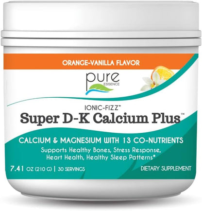 Pure Essence Ionic Super D-K Calcium Plus by Pure Essence - with Extra Magnesium, Vitamin D3, Vitamin K2 for Strong Bones and Stress Relief - Orange Vanilla - 7.41oz
