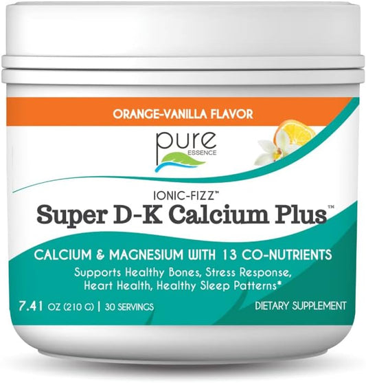 Pure Essence Ionic Super D-K Calcium Plus by Pure Essence - with Extra Magnesium, Vitamin D3, Vitamin K2 for Strong Bones and Stress Relief - Orange Vanilla - 7.41oz