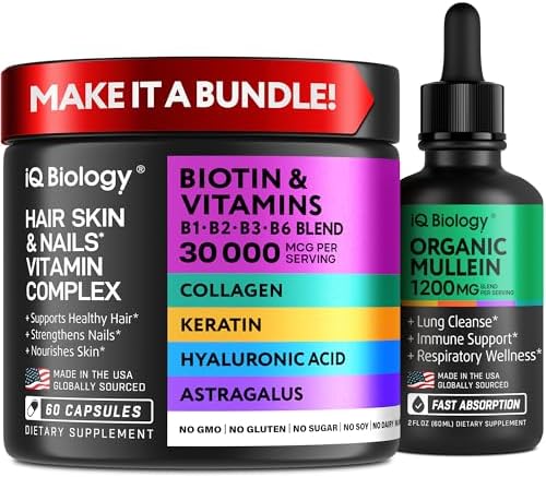 Biotin 10,000 mcg with Collagen & Keratin and Mullein Leaf Lung Support Drops Bundle – Hair, Skin, and Nail Vitamins Plus Lung Cleanse and Respiratory Detox for Men and Women – 60 Caps and 2 oz