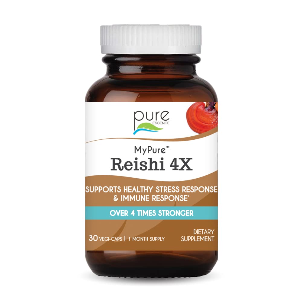 PURE ESSENCE LABS MyPure Reishi 4X Organic Mushrooms Supplement - 100% Real Mushroom Extract for Immune Support, Stress Relief, Build Energy (60 Capsules)