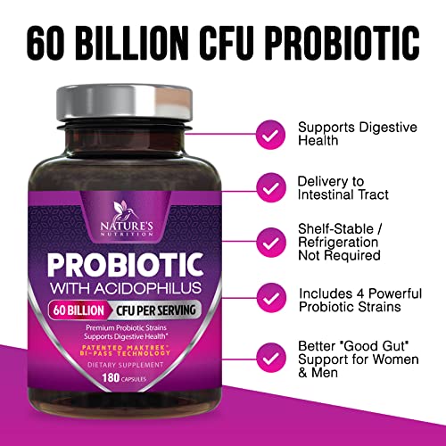 Probiotics, 60 Billion CFU per Serving, Probiotic with Prebiotics for Digestive & Immune Health