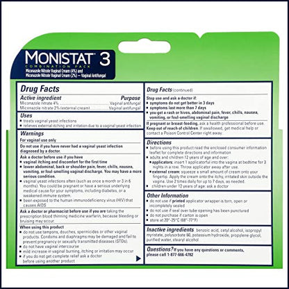 Monistat 3 Day Yeast Infection Treatment for Women, 3 Miconazole Pre-Filled Cream Applicators & External