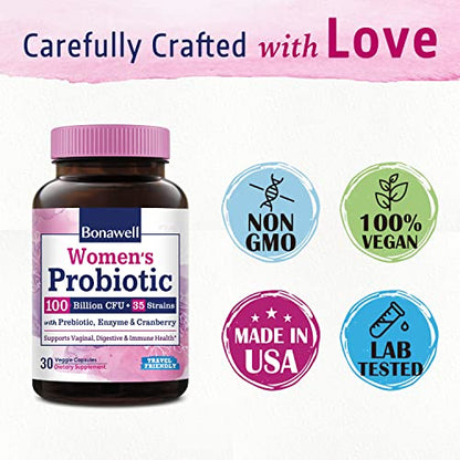 Bonawell Probiotics for Women 100B, with Organic Prebiotic, Cranberry for Feminine Health