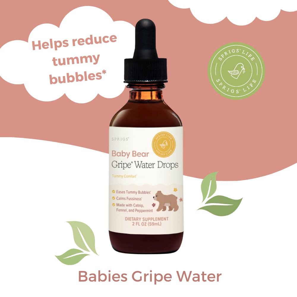 SPRIGS Baby Bear Gripe Water Drops, 2 Fl Oz | Natural Herbal Blend of Catnip, Fennel & Peppermint to Comfort Fussy Babies & Calm & Soothe the Digestive Tract | Support for Gas & Stomach Discomfort
