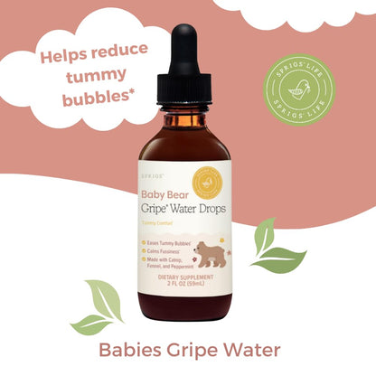 SPRIGS Baby Bear Gripe Water Drops, 2 Fl Oz | Natural Herbal Blend of Catnip, Fennel & Peppermint to Comfort Fussy Babies & Calm & Soothe the Digestive Tract | Support for Gas & Stomach Discomfort