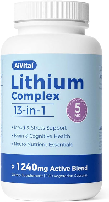 AiVital™ Lithium Orotate 5mg, 13-in-1 Lithium Supplement with Magnesium Glycinate, L-theanine & DHA for Daily Balance, Focus & Clarity, Low-Dose Formula, Non-GMO, Gluten Free, Vegan, 120 Capsules