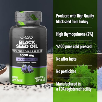 ORZAX 1000 mg Black Seed Oil Organic Cold Pressed Capsules with 20mg Thymoquinone